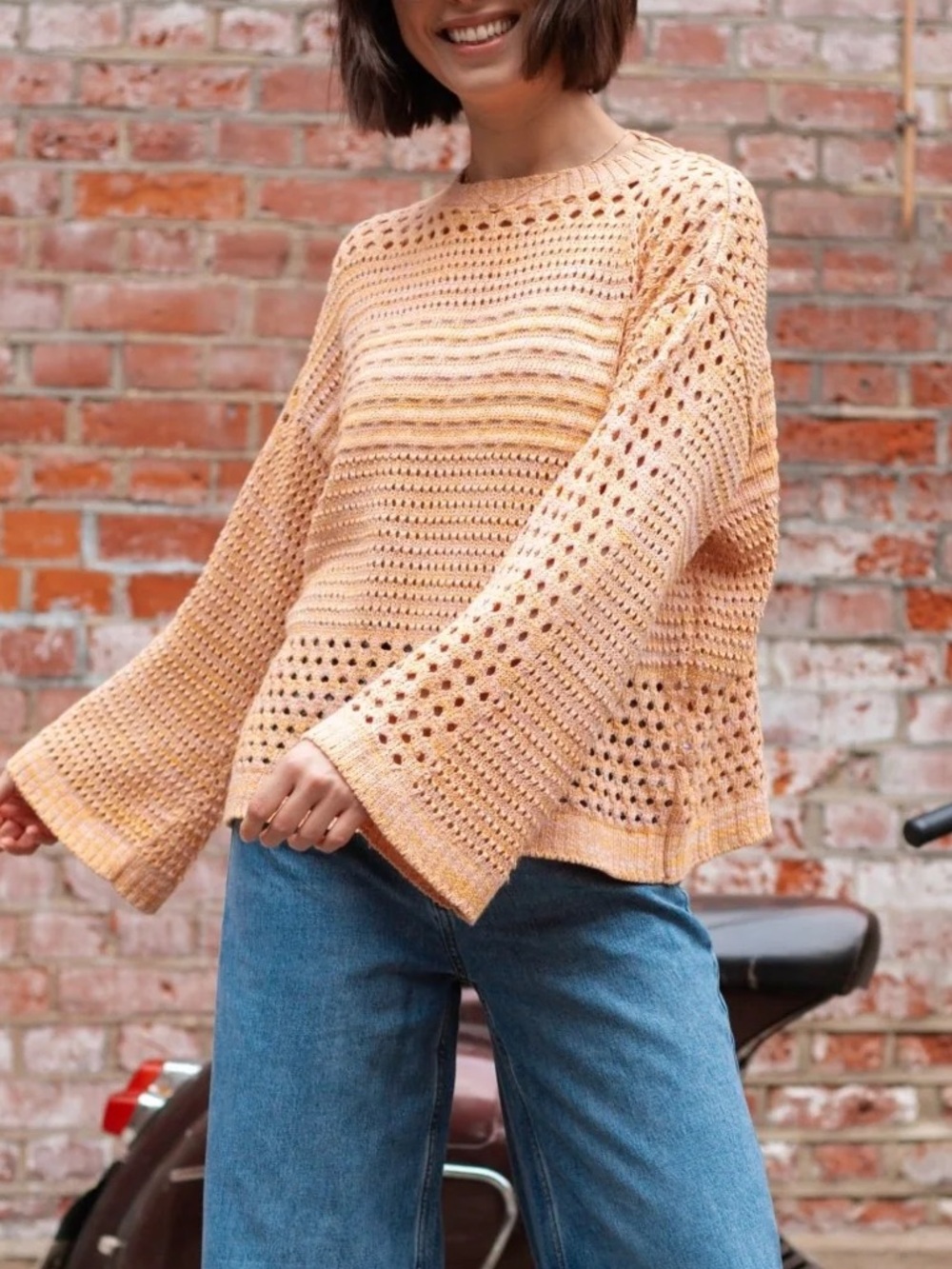 NWT Cara & The Sky Recycled Cotton Mix Pointelle Wide Flare Sleeve Knit Sweater
